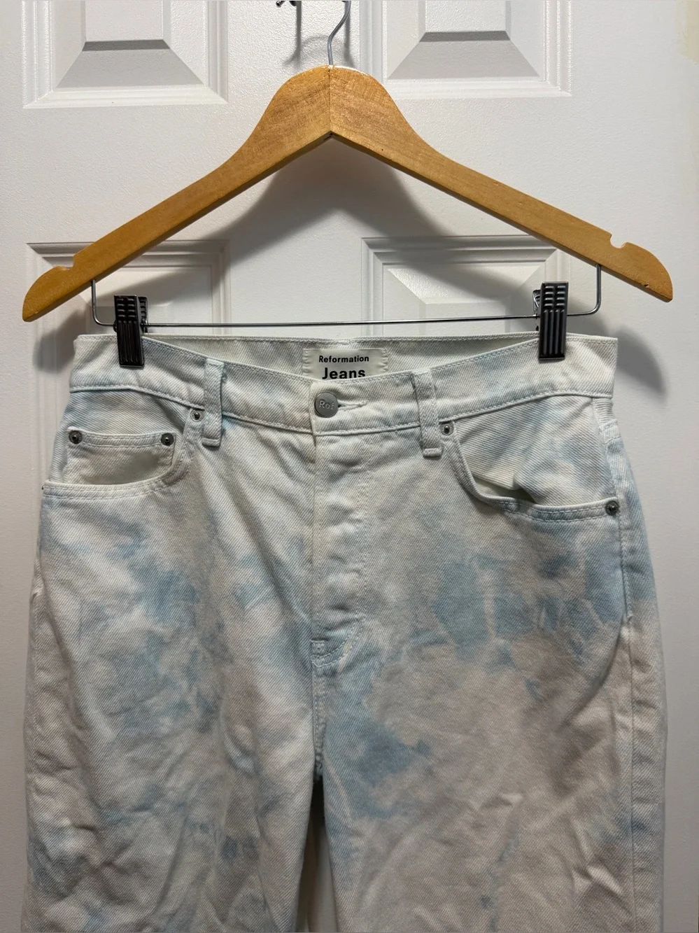 Reformation Fawcett High Rise Straight Raw Hem White Wash Tie-Dye Jeans Sz 28